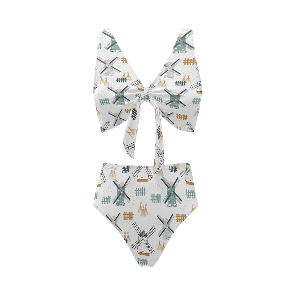 windmill pattern Chest Bowknot High Waisted Bikini Swimsuit
