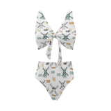 windmill pattern Chest Bowknot High Waisted Bikini Swimsuit