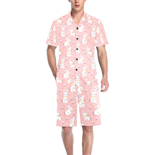 Cute white rabbit flower pink background Men's V-Neck Short Pajama Set