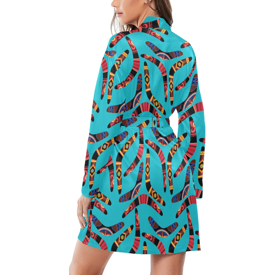 Boomerang Australian aboriginal ornament blue back Women's Long Sleeve Belted Night Robe