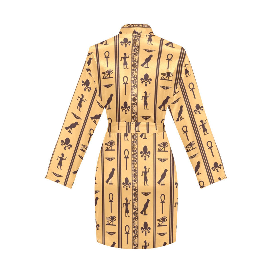 Egypt Hieroglyphics Pattern Print Design 02 Women's Long Sleeve Belted Night Robe