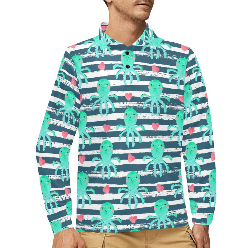 Cute octopuses heart striped background Men's Long Sleeve Polo Shirt