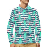 Cute octopuses heart striped background Men's Long Sleeve Polo Shirt