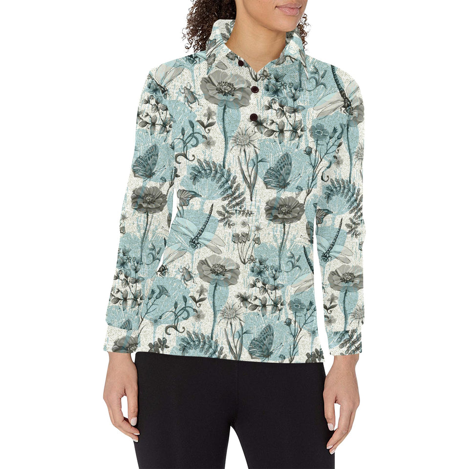 Dragonfly Butterfly Plants insect flower vintage s Women's Long Sleeve Polo Shirt