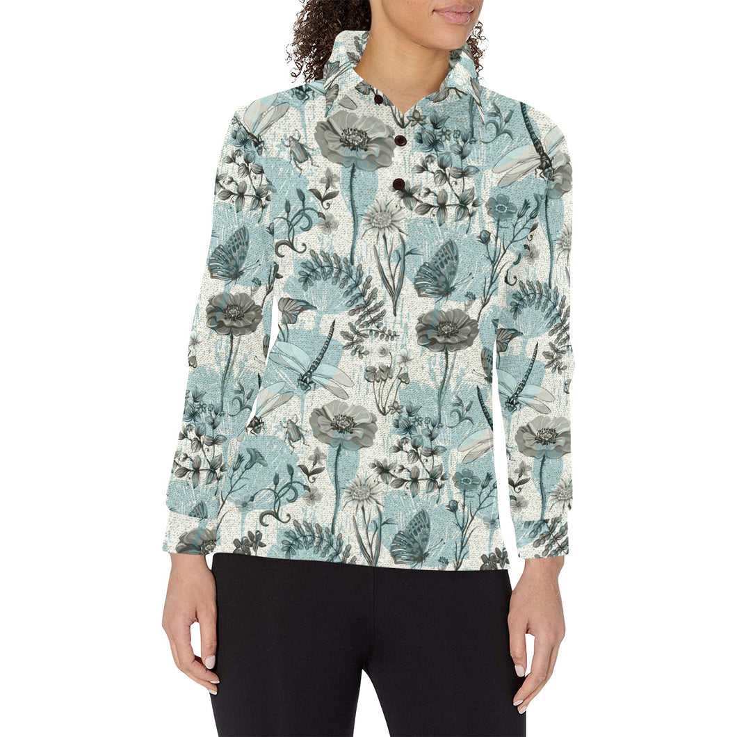 Dragonfly Butterfly Plants insect flower vintage s Women's Long Sleeve Polo Shirt