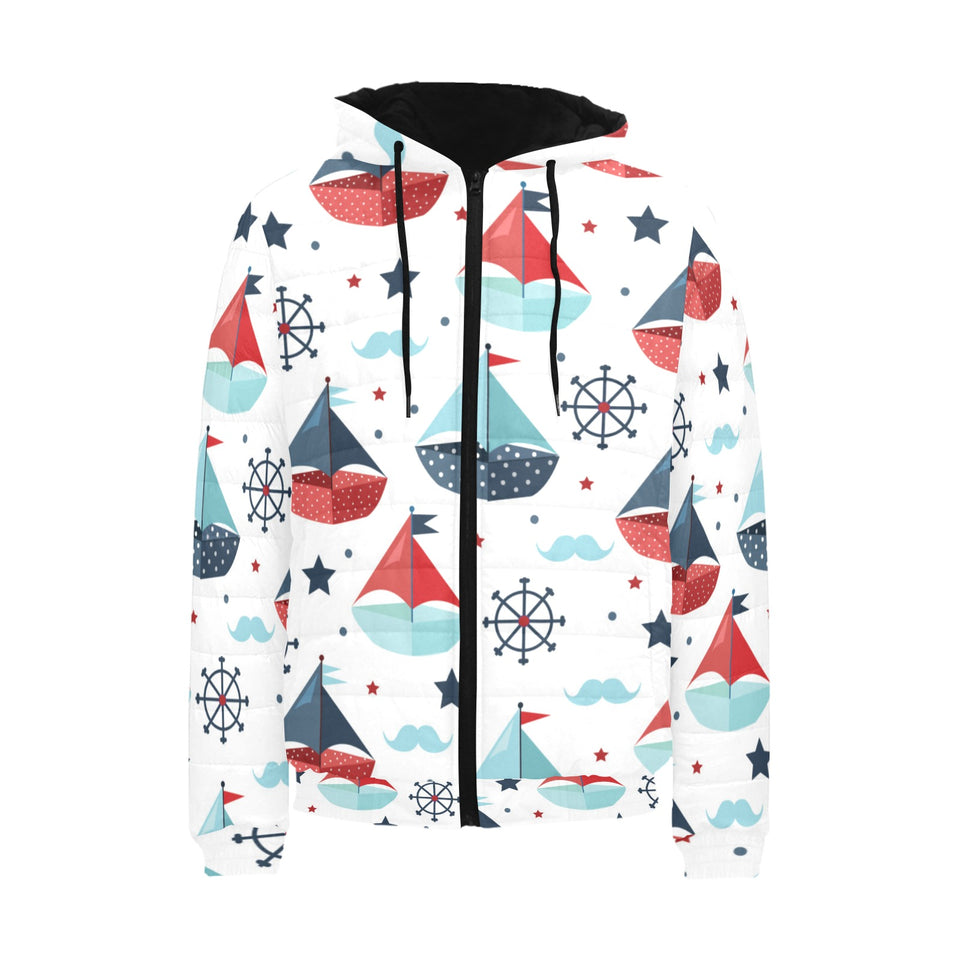 Cute color paper sailboat pattern Men's Padded Hooded Jacket