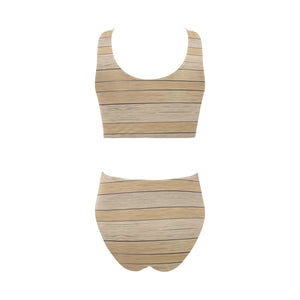 Wood Printed Pattern Print Design 01 Chest Bowknot High Waisted Bikini Swimsuit