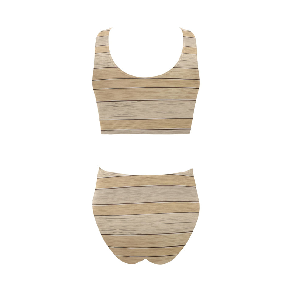 Wood Printed Pattern Print Design 01 Chest Bowknot High Waisted Bikini Swimsuit