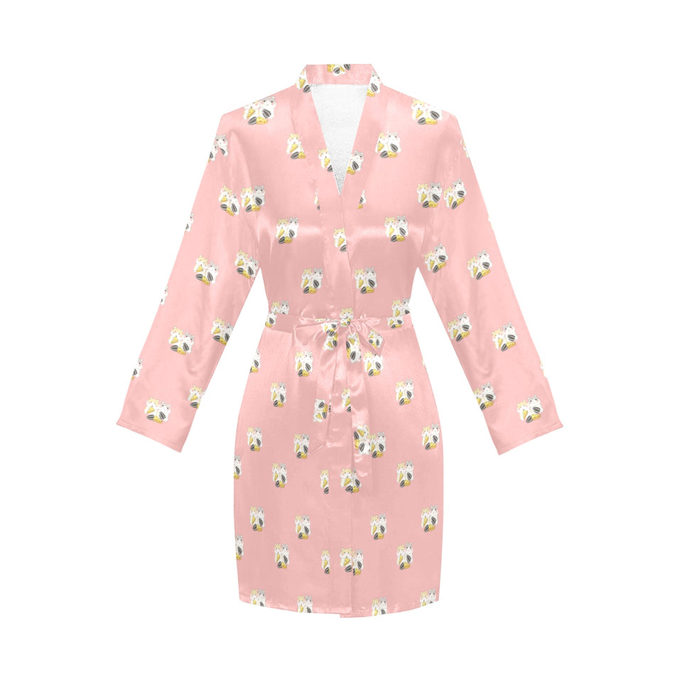 Cute hamster cheese pattern pink background Women's Long Sleeve Belted Night Robe