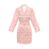 Cute hamster cheese pattern pink background Women's Long Sleeve Belted Night Robe