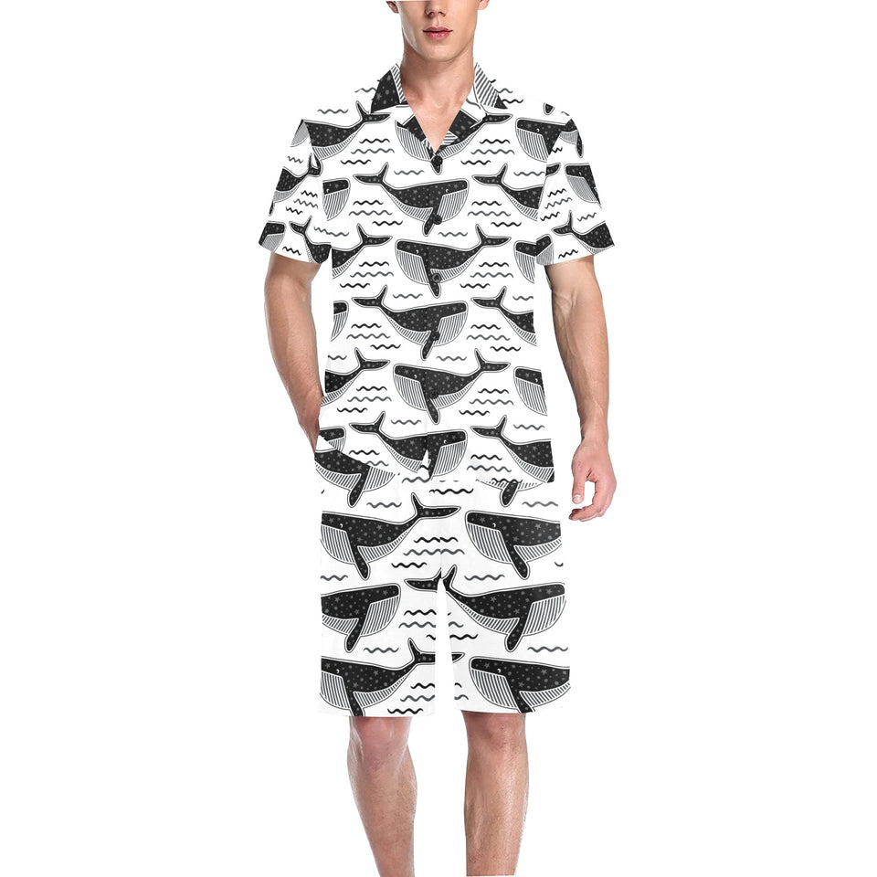 Black whale pattern Men's V-Neck Short Pajama Set