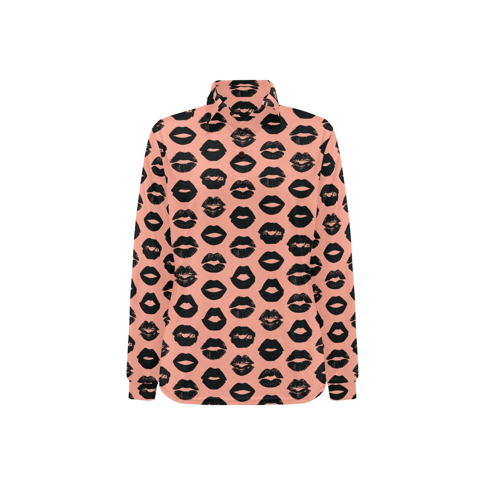 Lips Pattern Print Design 02 Women's Long Sleeve Polo Shirt
