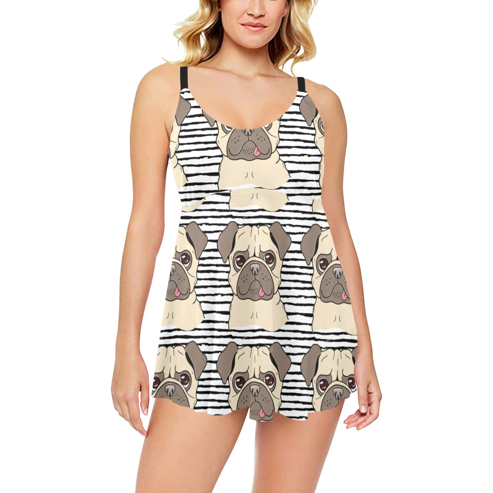 Happy pug pattern Chest Sexy Pleated Two Piece Swim Dress
