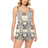Happy pug pattern Chest Sexy Pleated Two Piece Swim Dress