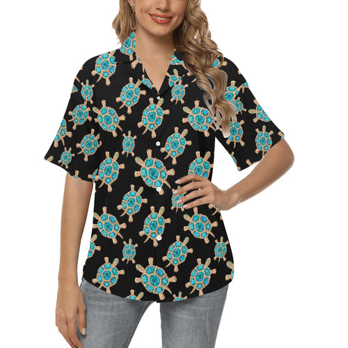 Sea turtle blue stone pattern Women's All Over Print Hawaiian Shirt