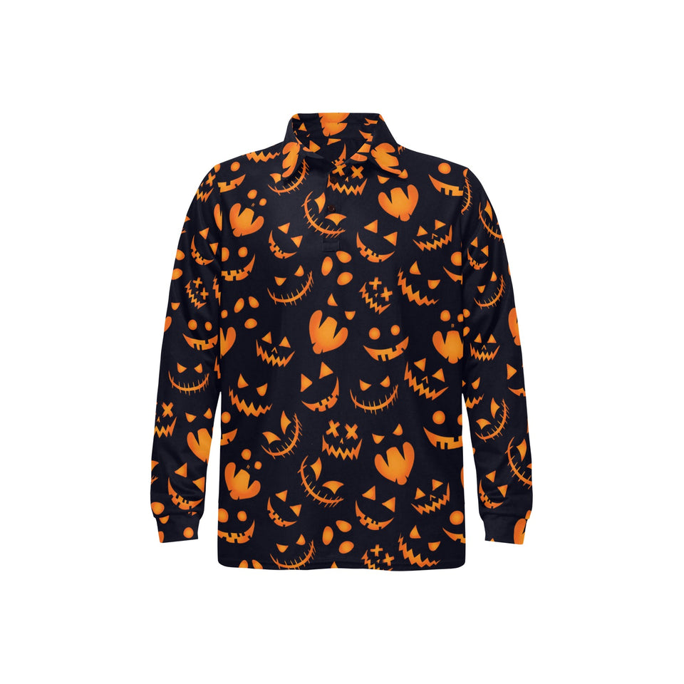 Halloween pattern Pumpkin background Men's Long Sleeve Polo Shirt