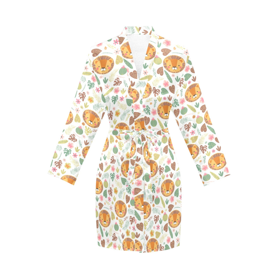 Lion Pattern Print Design 04 Women's Long Sleeve Belted Night Robe