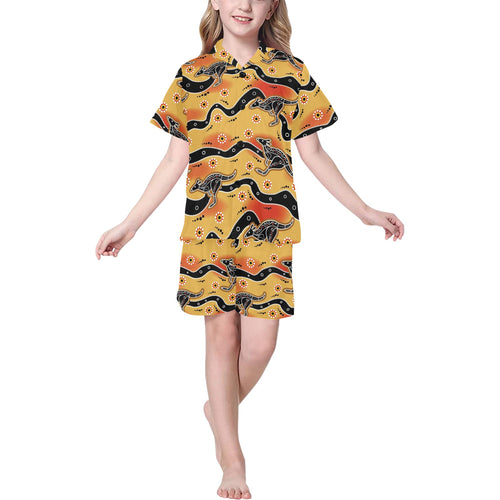 Kangaroo Australian aboriginal art pattern Kids' Boys' Girls' V-Neck Short Pajama Set