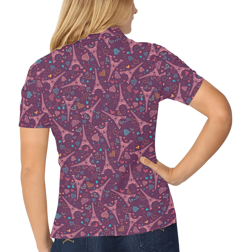 Eiffel Tower Heart Pattern Print Design 04 Women's All Over Print Polo Shirt