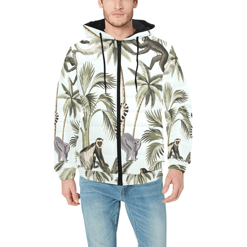 Monkey sloth lemur palm trees pattern Men's Padded Hooded Jacket