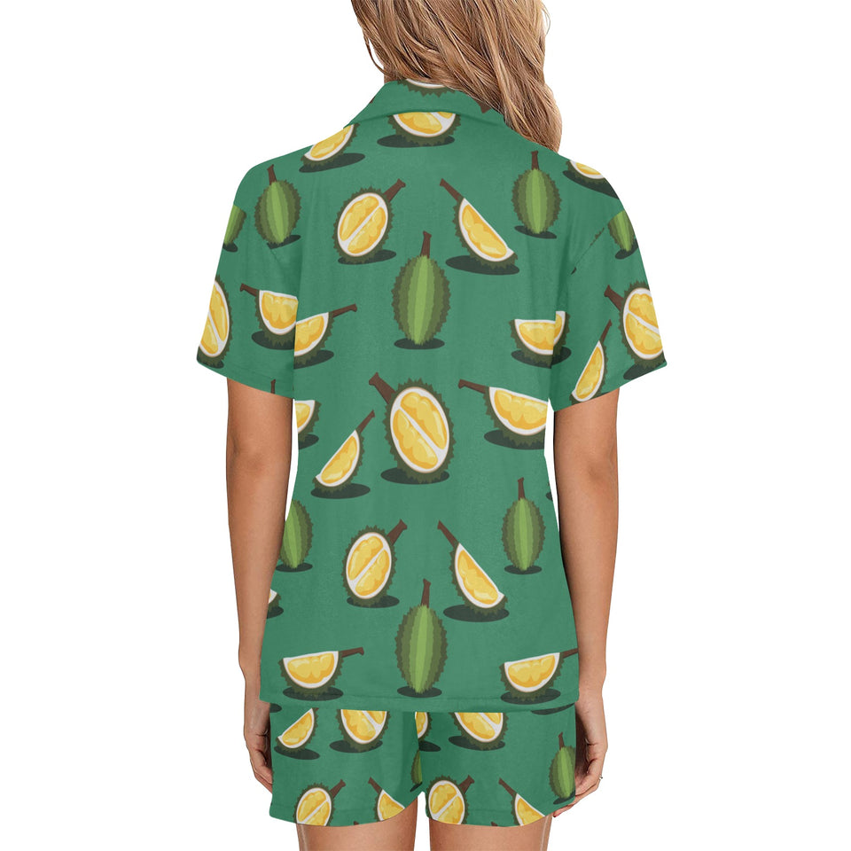 Durian pattern green background Women's V-Neck Short Pajama Set