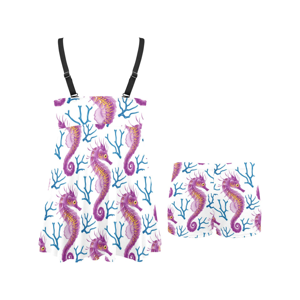Purple seahorse blue coral pattern Chest Sexy Pleated Two Piece Swim Dress