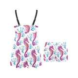 Purple seahorse blue coral pattern Chest Sexy Pleated Two Piece Swim Dress