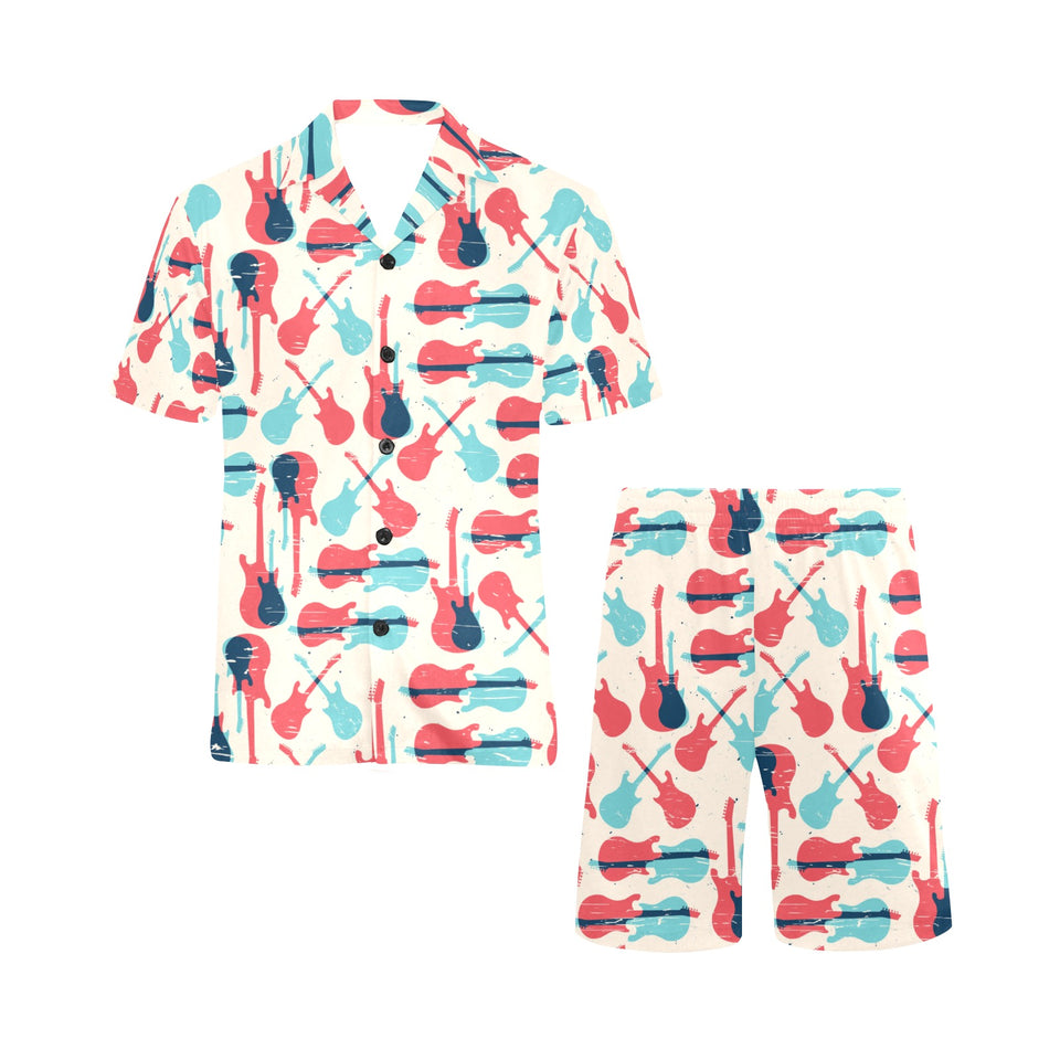 Red Blue guitar pattern Men's V-Neck Short Pajama Set