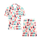 Red Blue guitar pattern Men's V-Neck Short Pajama Set