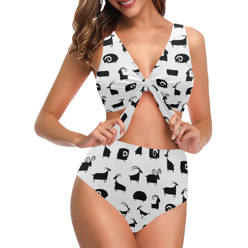 Goat ram pattern Chest Bowknot High Waisted Bikini Swimsuit