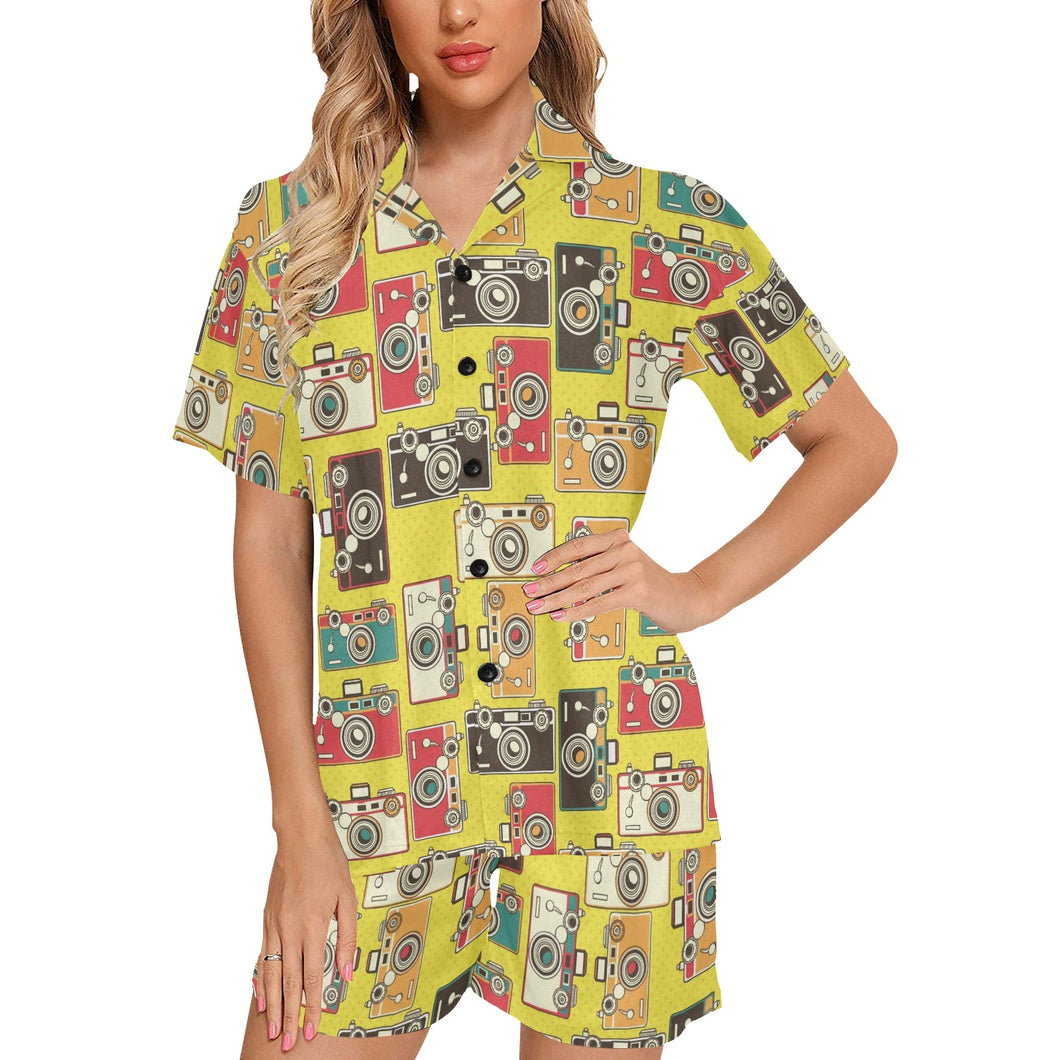 Camera Pattern Print Design 02 Women's V-Neck Short Pajama Set