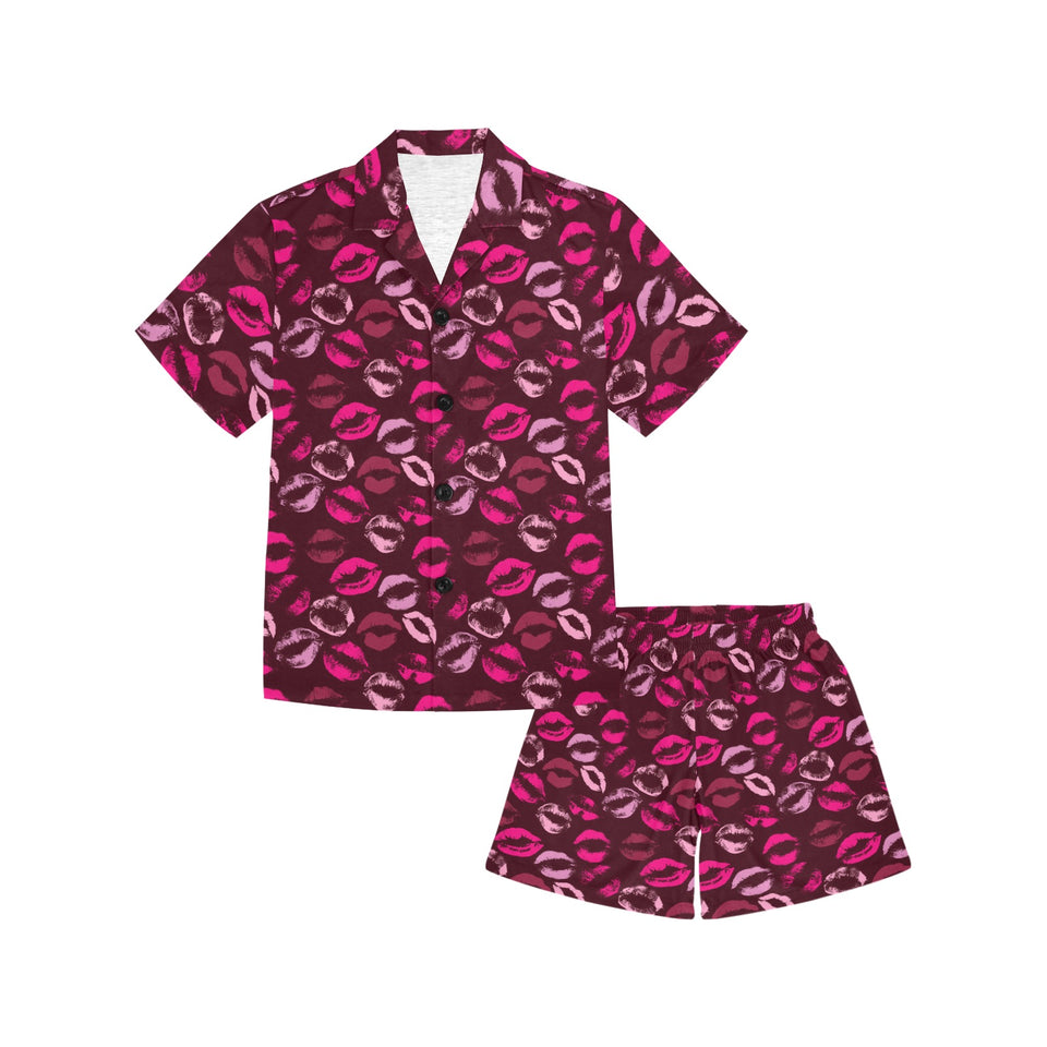 Lips Pattern Print Design 03 Kids' Boys' Girls' V-Neck Short Pajama Set