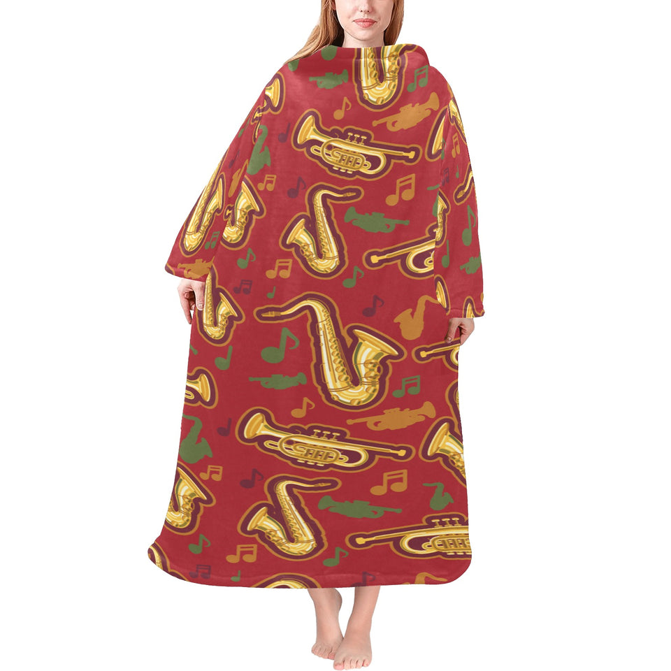 Saxophone cornet pattern red background Blanket Robe with Sleeves