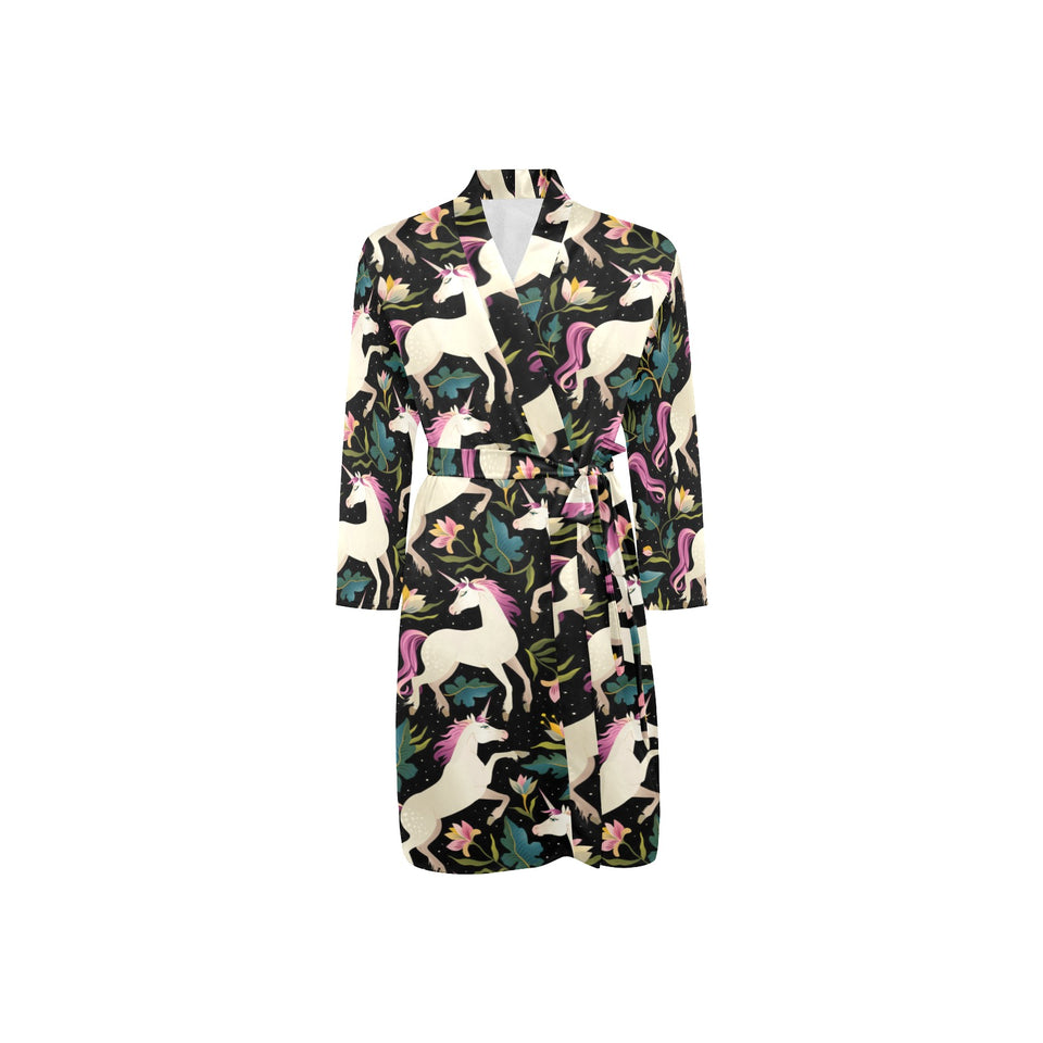 Unicorns forest background Men's Long Sleeve Belted Night Robe