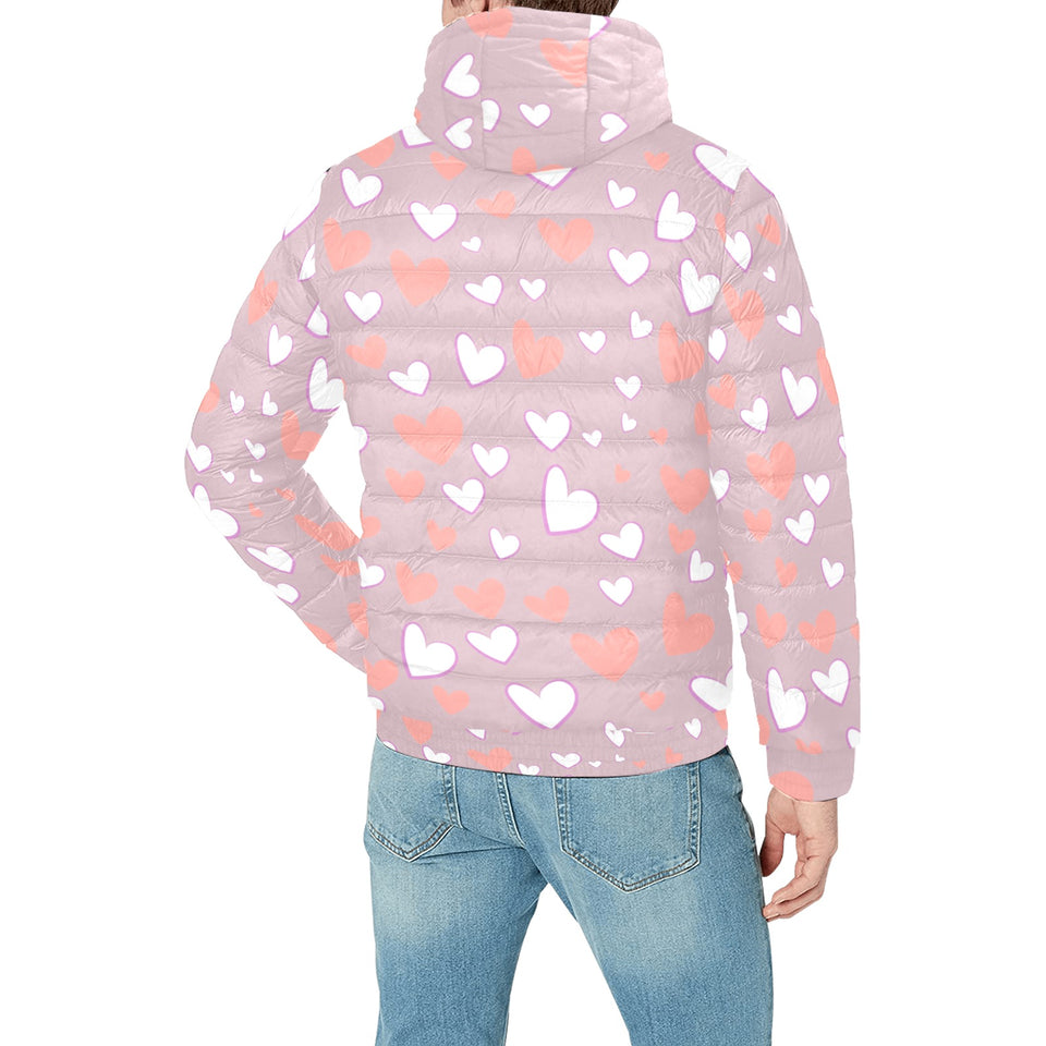 coral white heart pattern Men's Padded Hooded Jacket