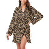 Coffee bean on brown background Women's Long Sleeve Belted Night Robe