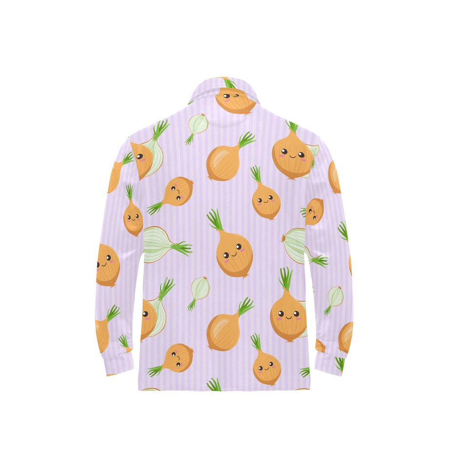 cute onions smiling faces purple background Men's Long Sleeve Polo Shirt