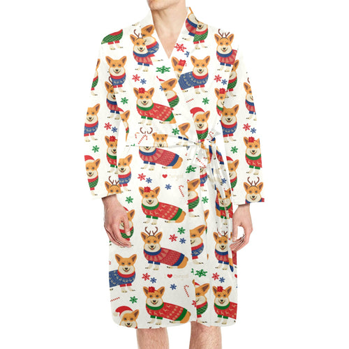 Corgi Christmas Pattern Men's Long Sleeve Belted Night Robe