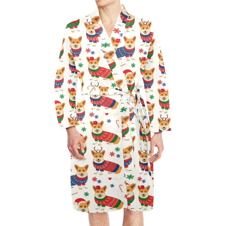 Corgi Christmas Pattern Men's Long Sleeve Belted Night Robe