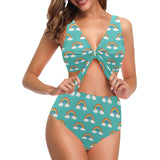 Rainbow pattern green background Chest Bowknot High Waisted Bikini Swimsuit