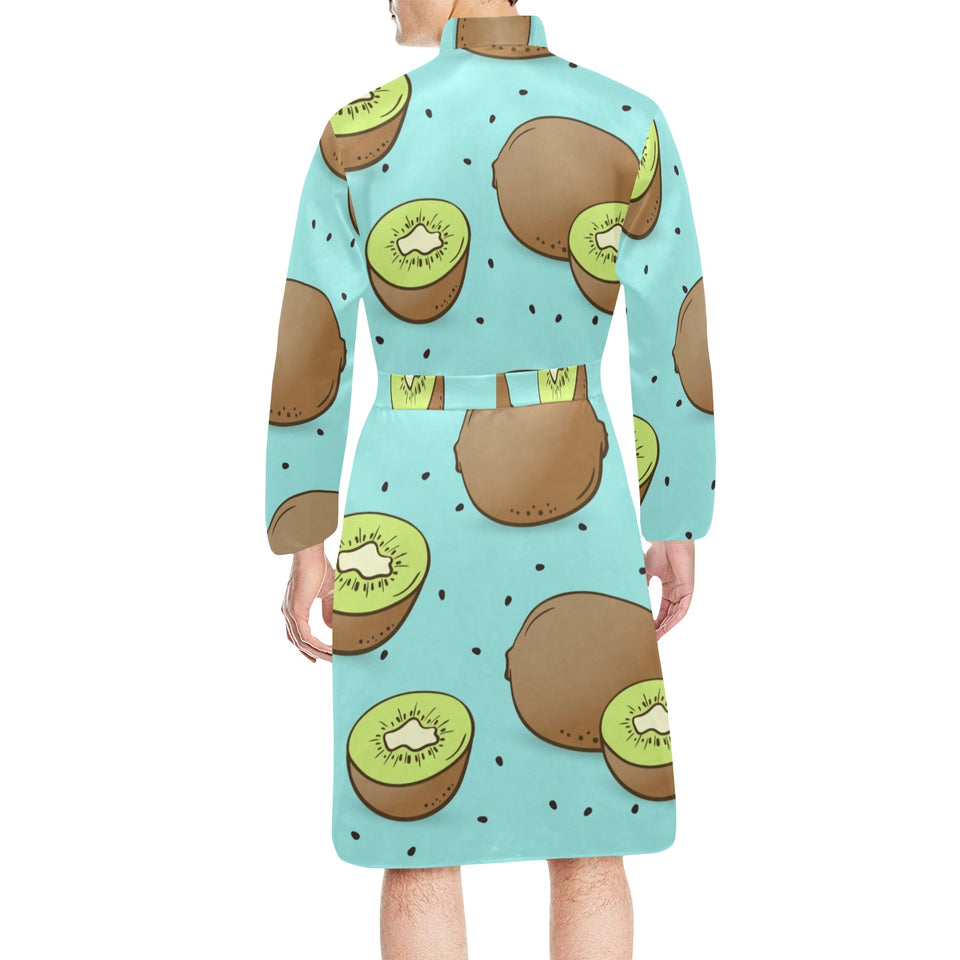 Kiwi blue background Men's Long Sleeve Belted Night Robe