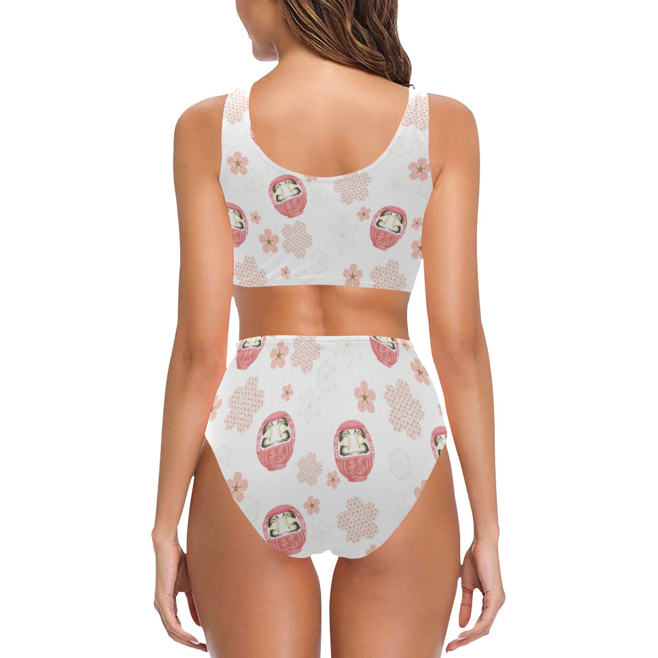Daruma japanese wooden doll cherry blossom flower Chest Bowknot High Waisted Bikini Swimsuit