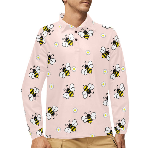 Cute bee flower pattern pink background Men's Long Sleeve Polo Shirt