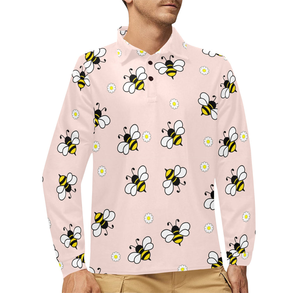 Cute bee flower pattern pink background Men's Long Sleeve Polo Shirt