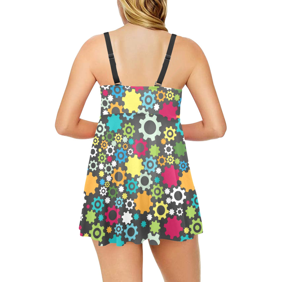 Gear Pattern Print Design 03 Chest Sexy Pleated Two Piece Swim Dress