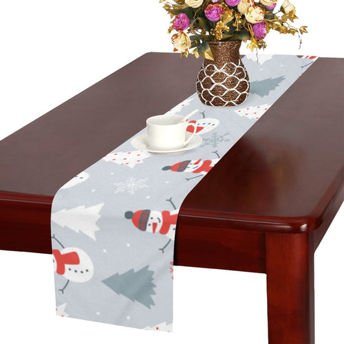 Snowman christmas tree snow gray background Table Runner
