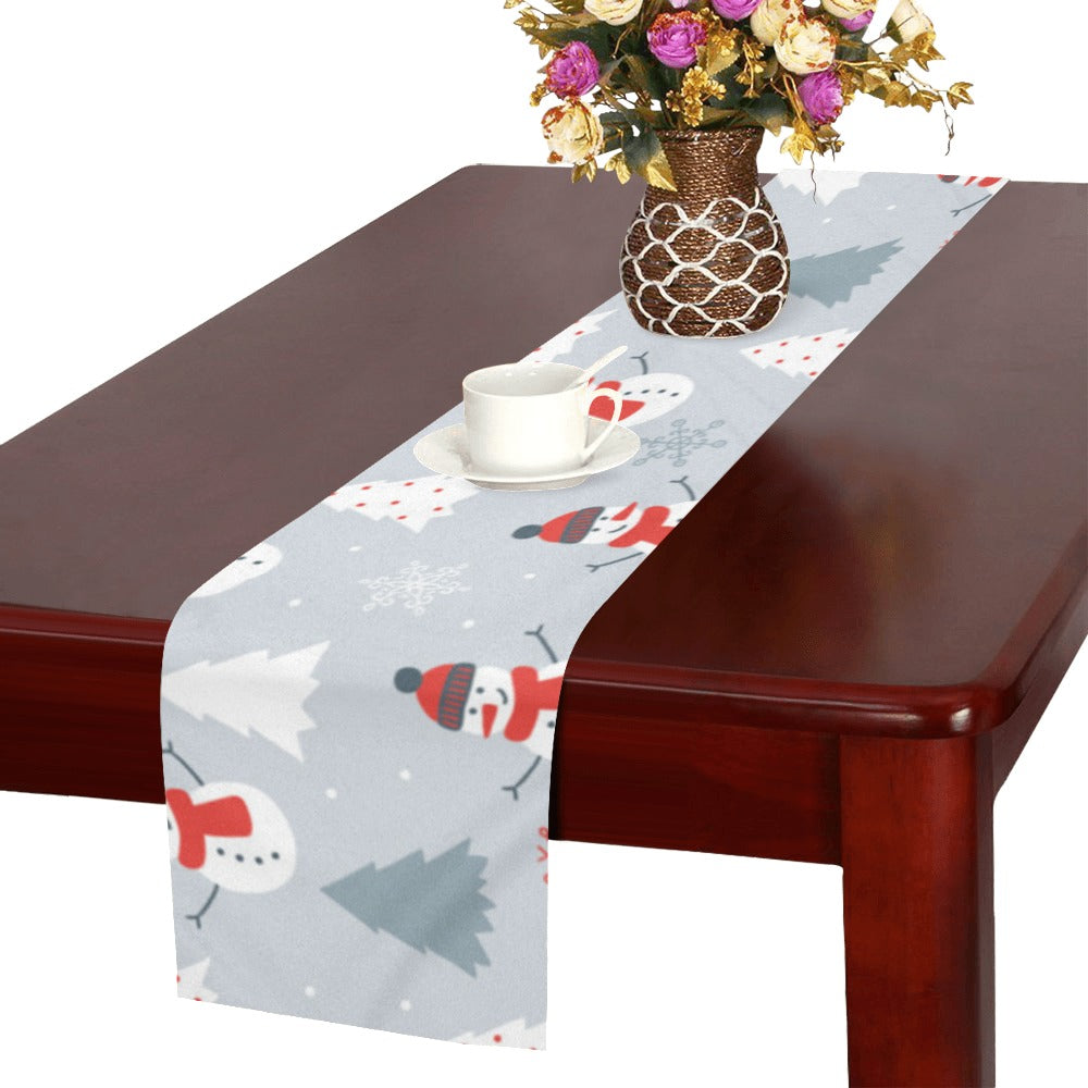 Snowman christmas tree snow gray background Table Runner