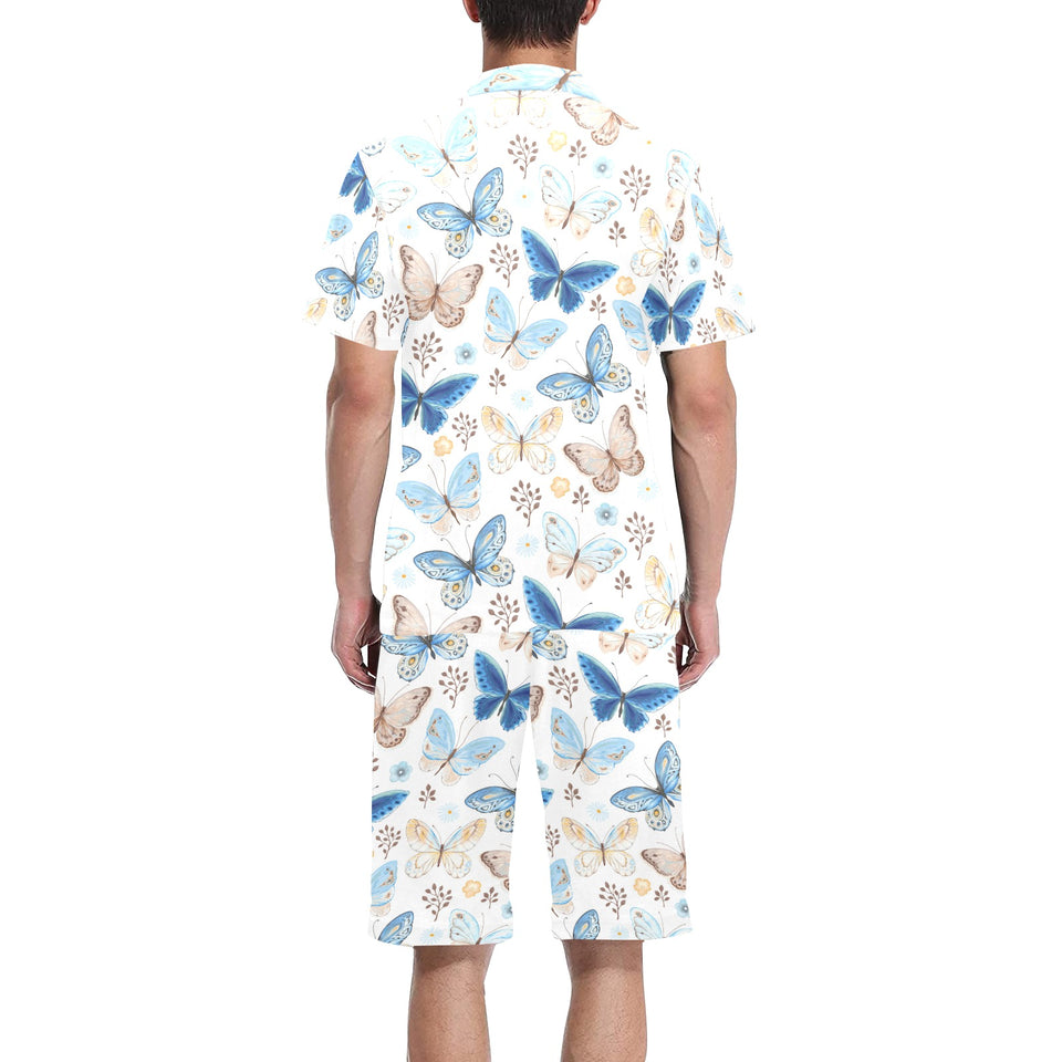 blue butterfly pattern Men's V-Neck Short Pajama Set