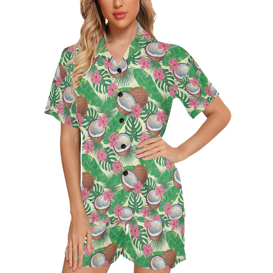 Coconut Pattern Print Design 01 Women's V-Neck Short Pajama Set