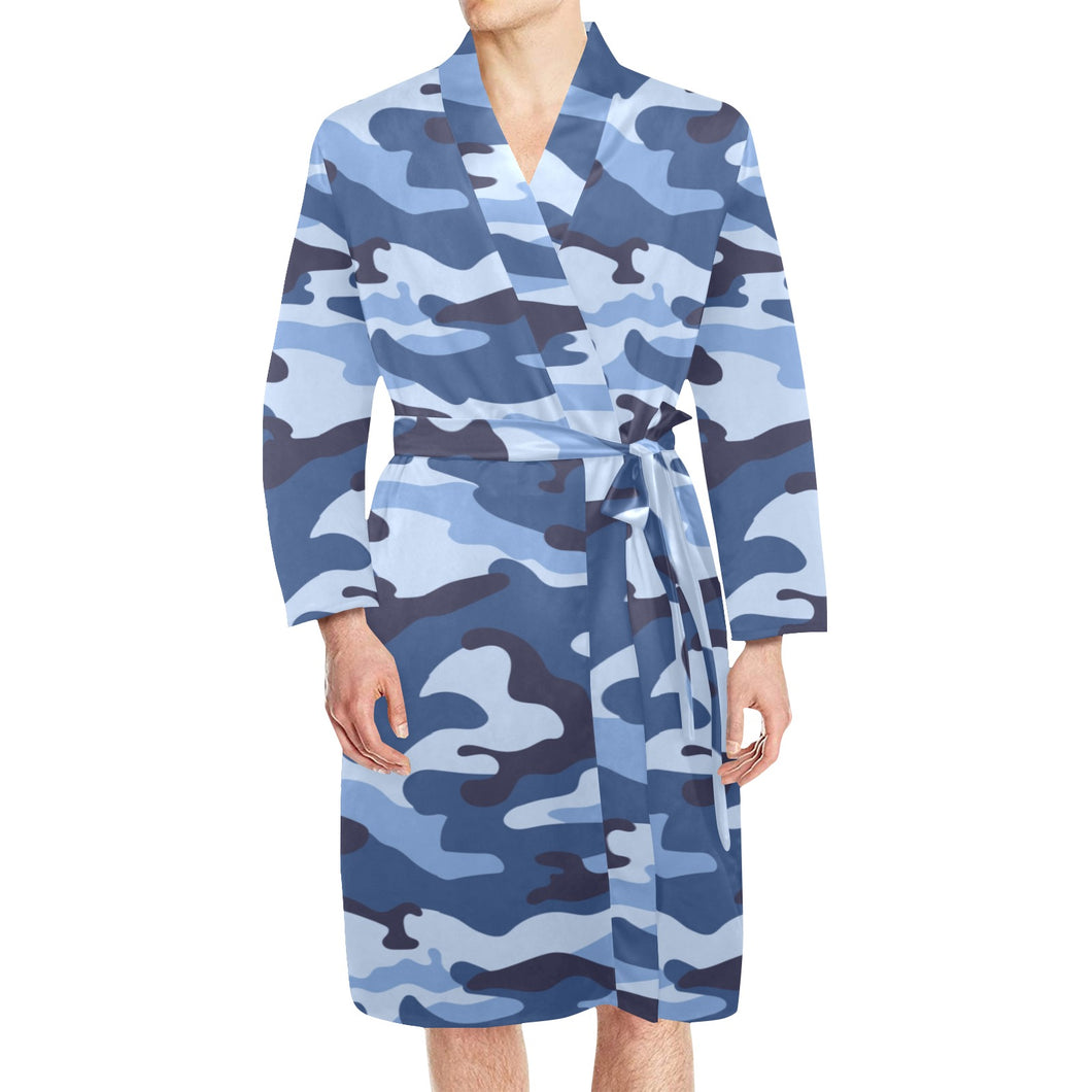 Blue camouflage pattern Men's Long Sleeve Belted Night Robe